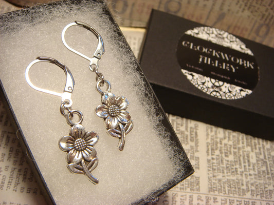 Sunflower Dangle Earrings in Antique Silver