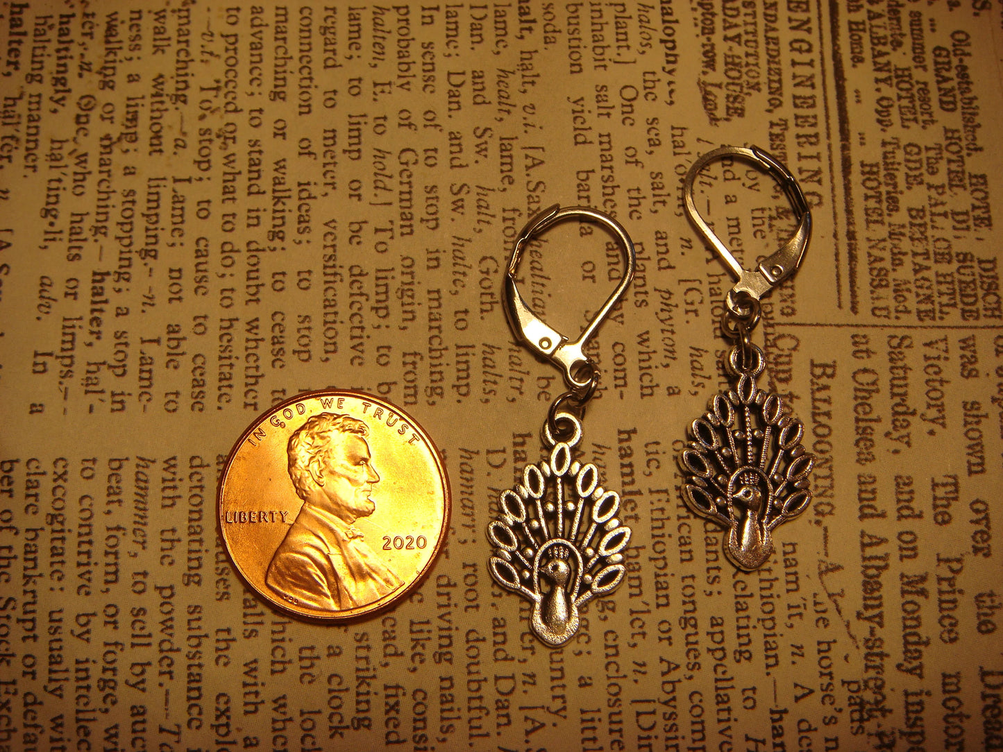 Peacock Dangle Earrings in Antique Silver