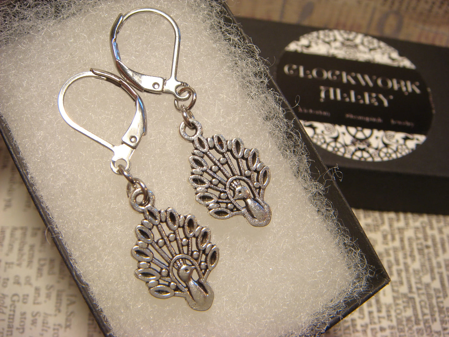 Peacock Dangle Earrings in Antique Silver