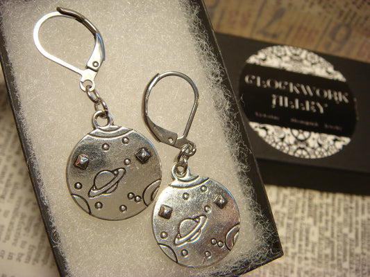 Planet Space Dangle Earrings in Antique Silver