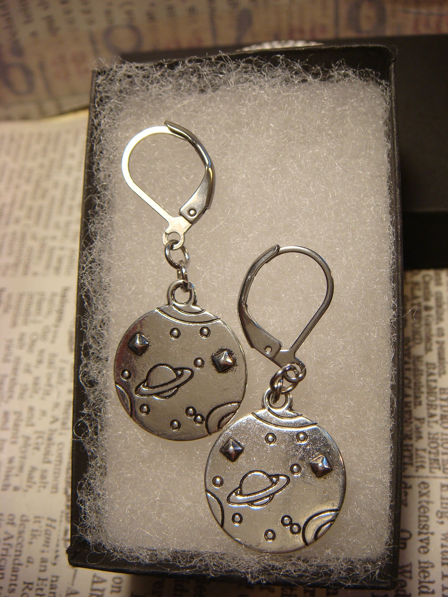 Planet Space Dangle Earrings in Antique Silver