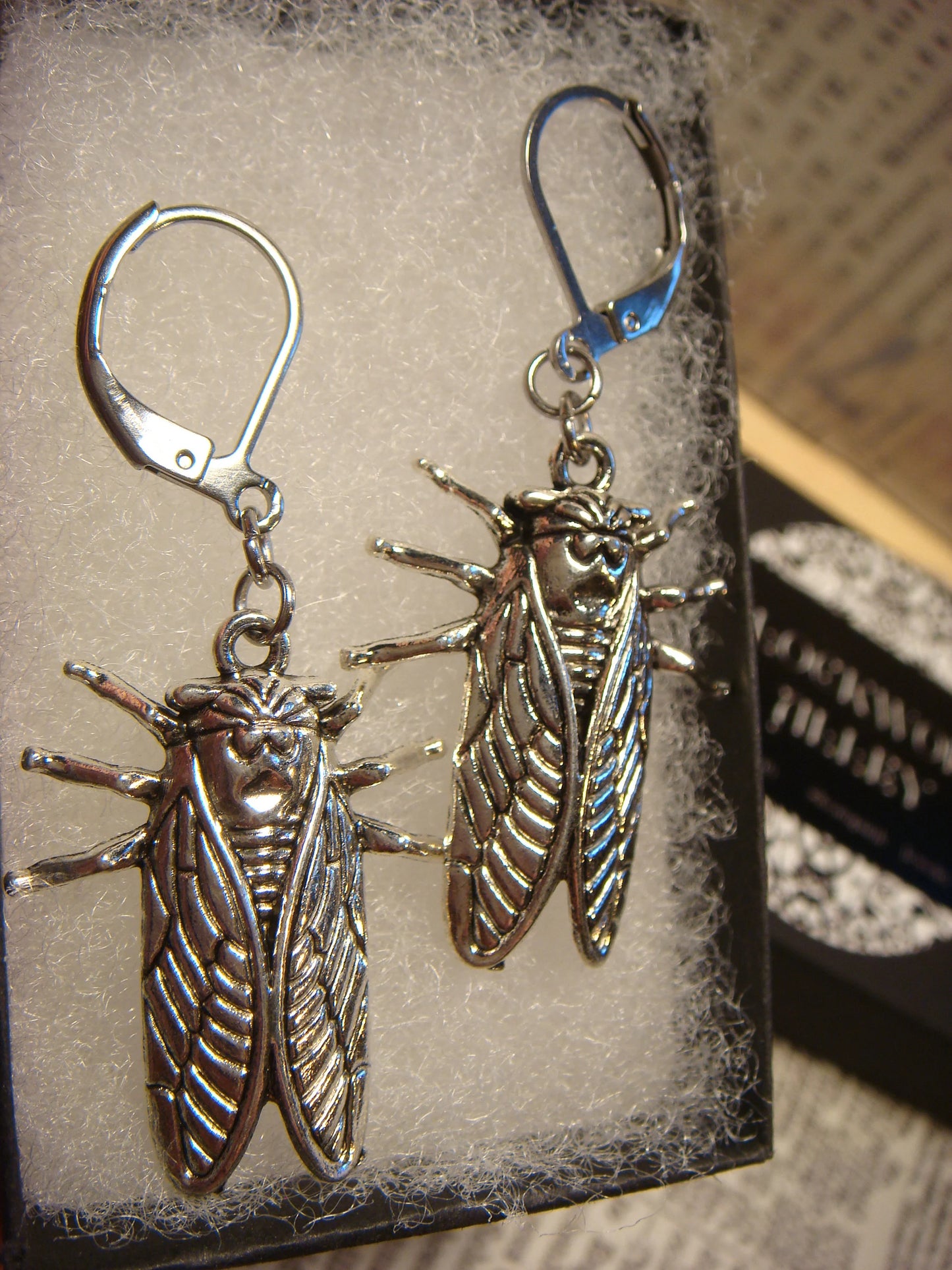 Cicada Dangle Earrings in Antique Silver