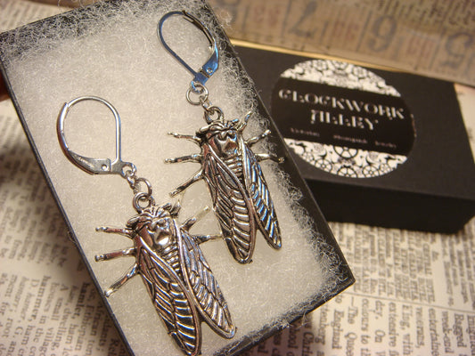 Cicada Dangle Earrings in Antique Silver