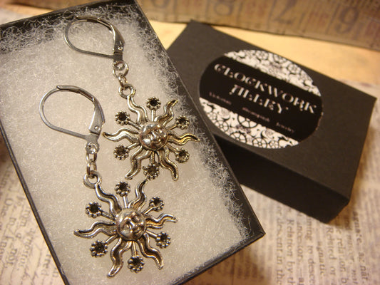 Sun Face Dangle Earrings in Antique Silver