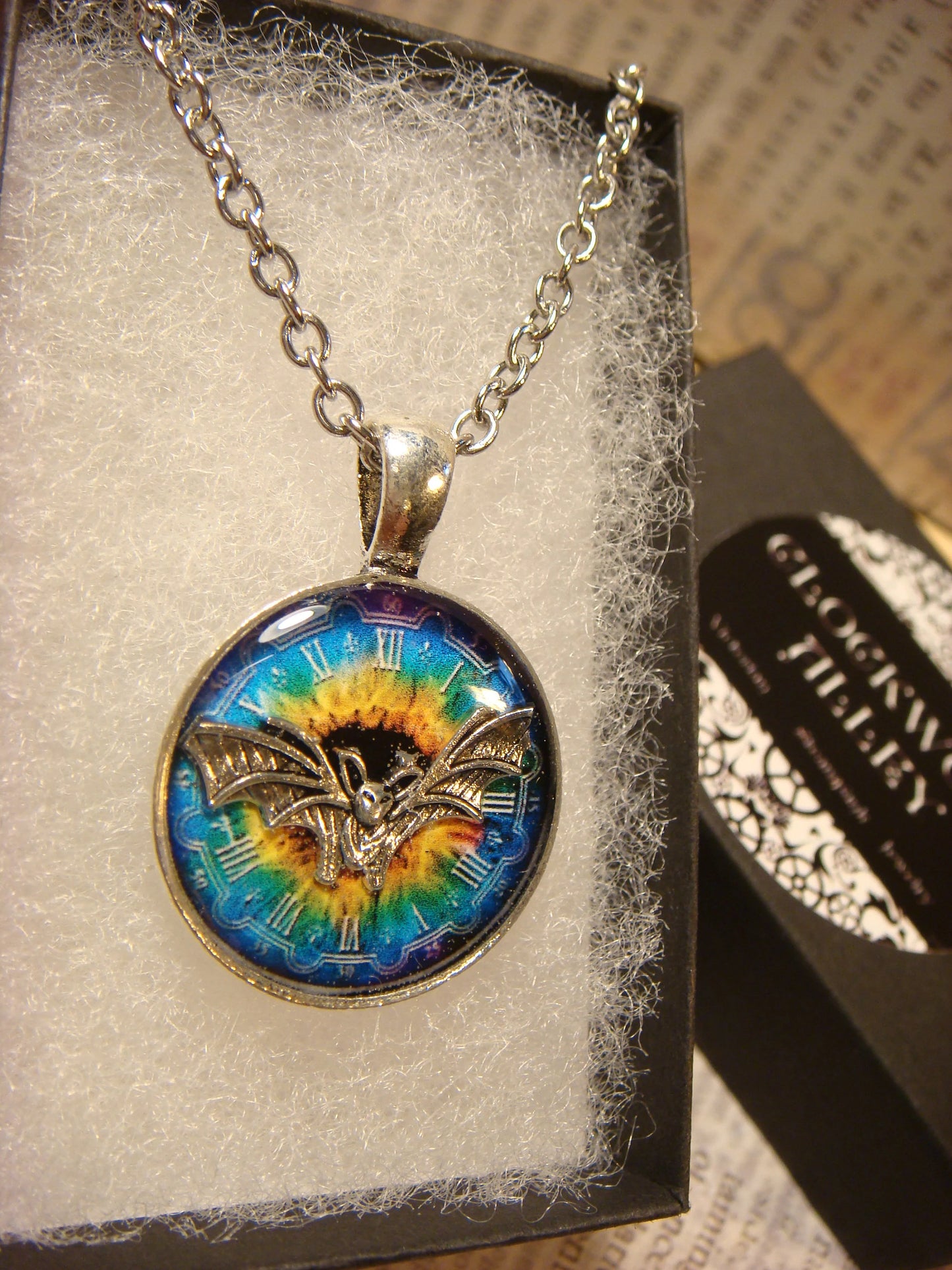 Bat over Colorful Clock Small Pendant Necklace