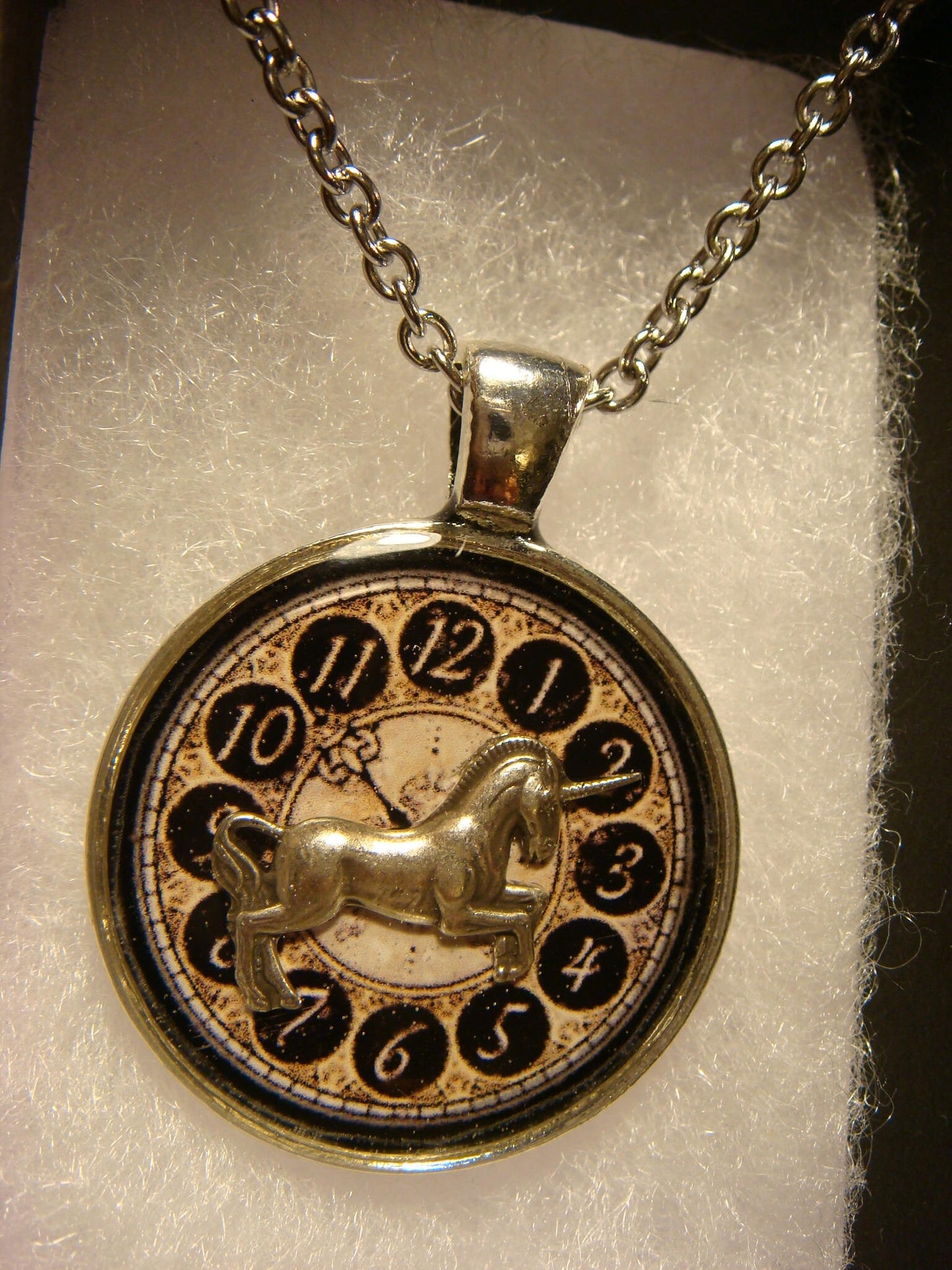 Unicorn over Clock Pendant Necklace