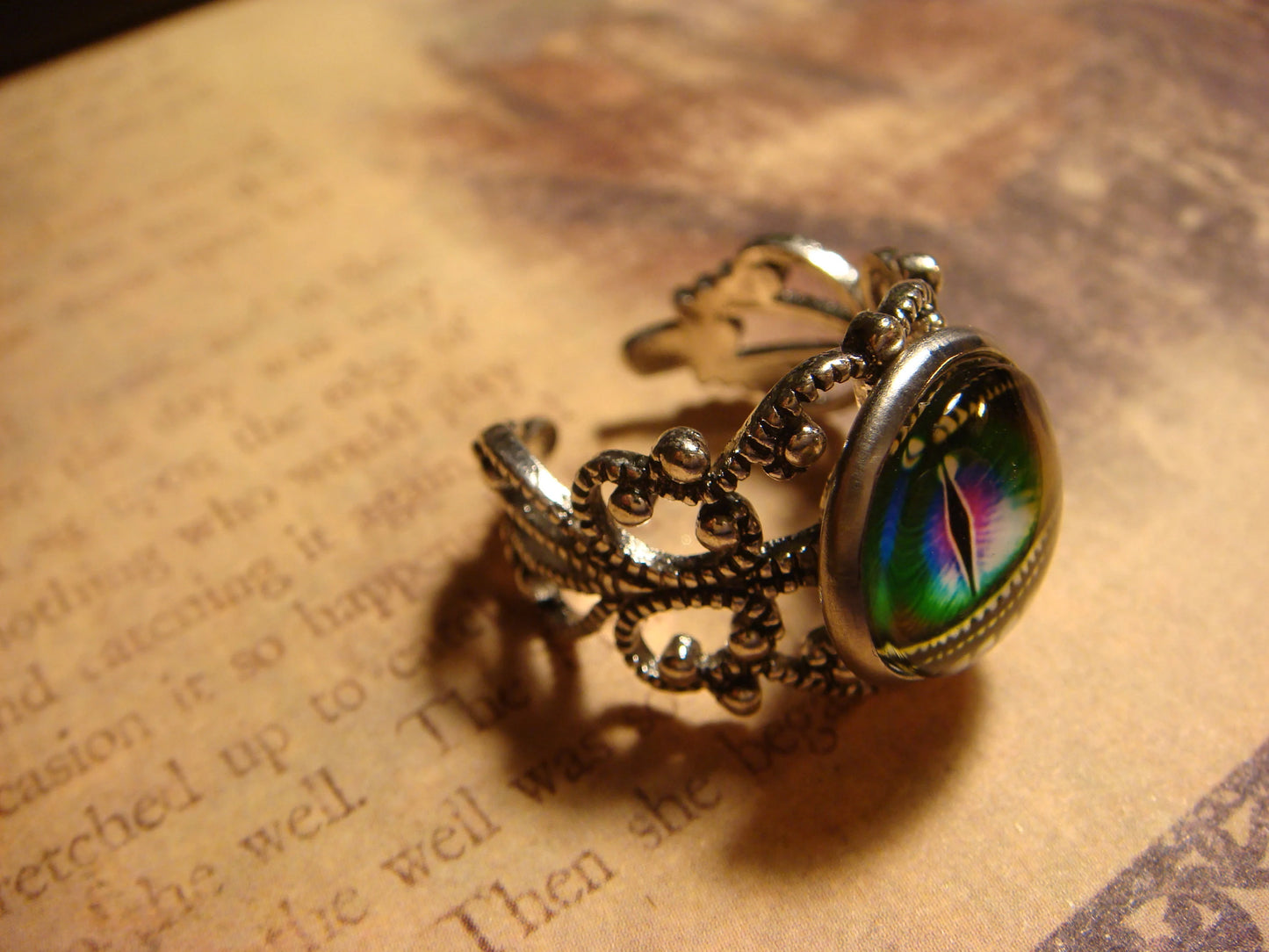 Dragon Eye Image Filigree Ring in Antique Silver - Adjustable