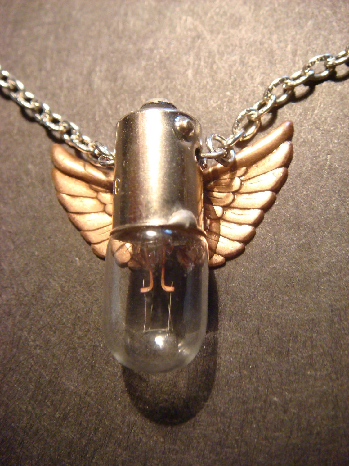 Light Bulb with Copper Wings Necklace