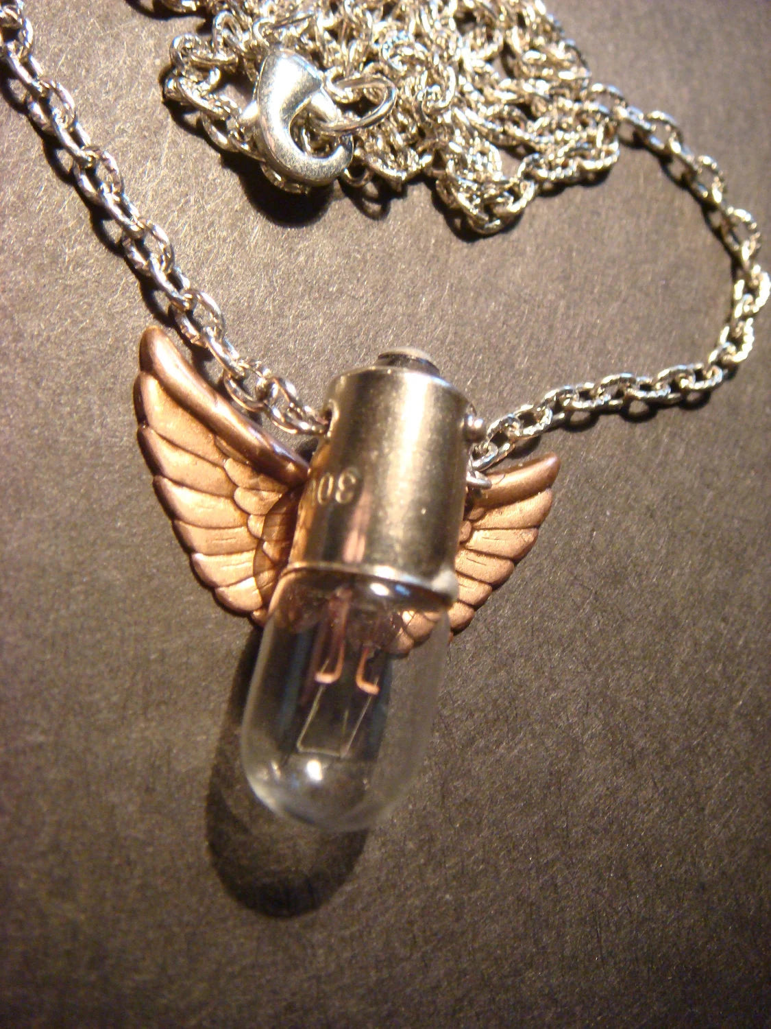 Light Bulb with Copper Wings Necklace