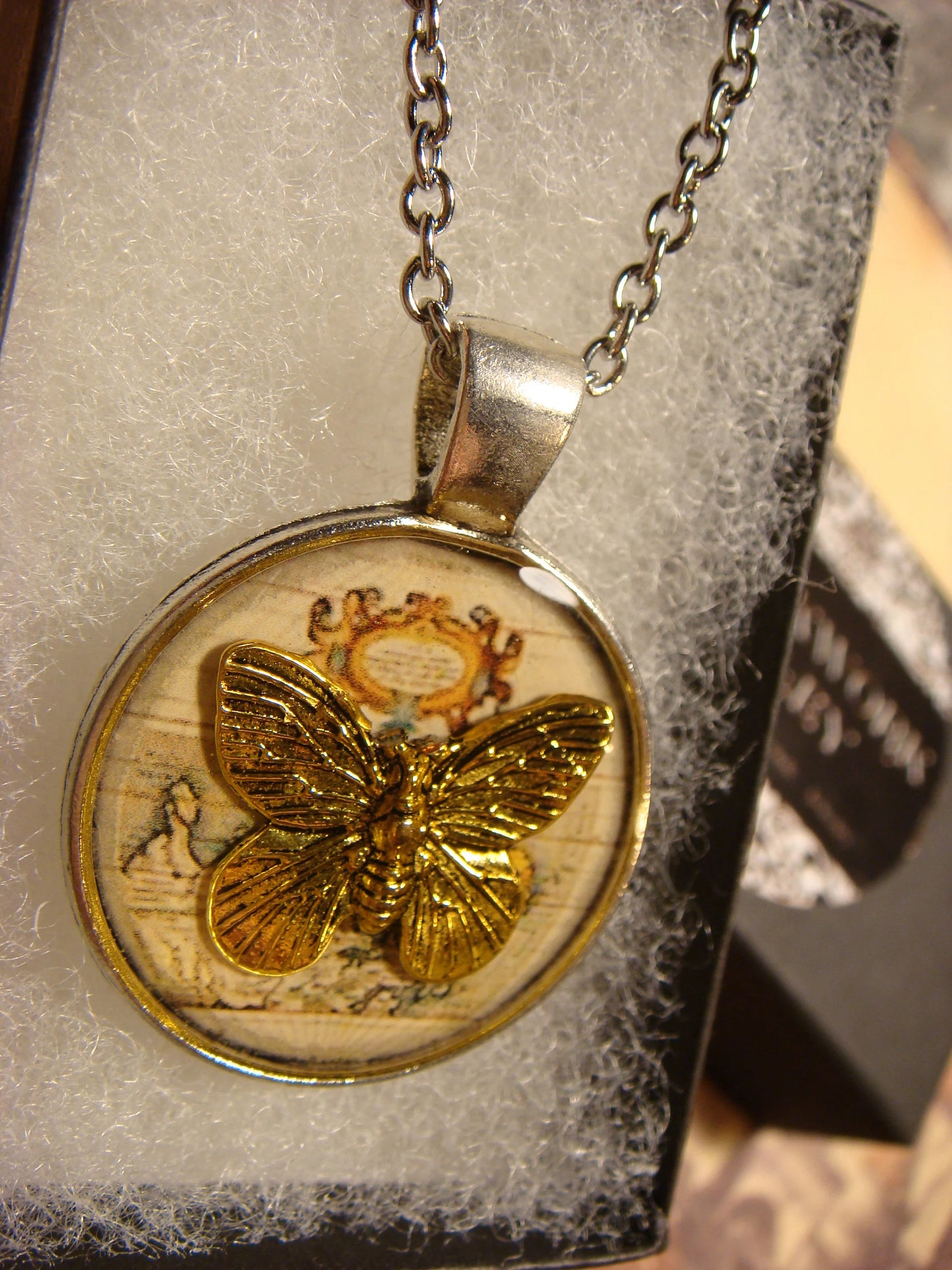 Butterfly over Map Pendant Necklace