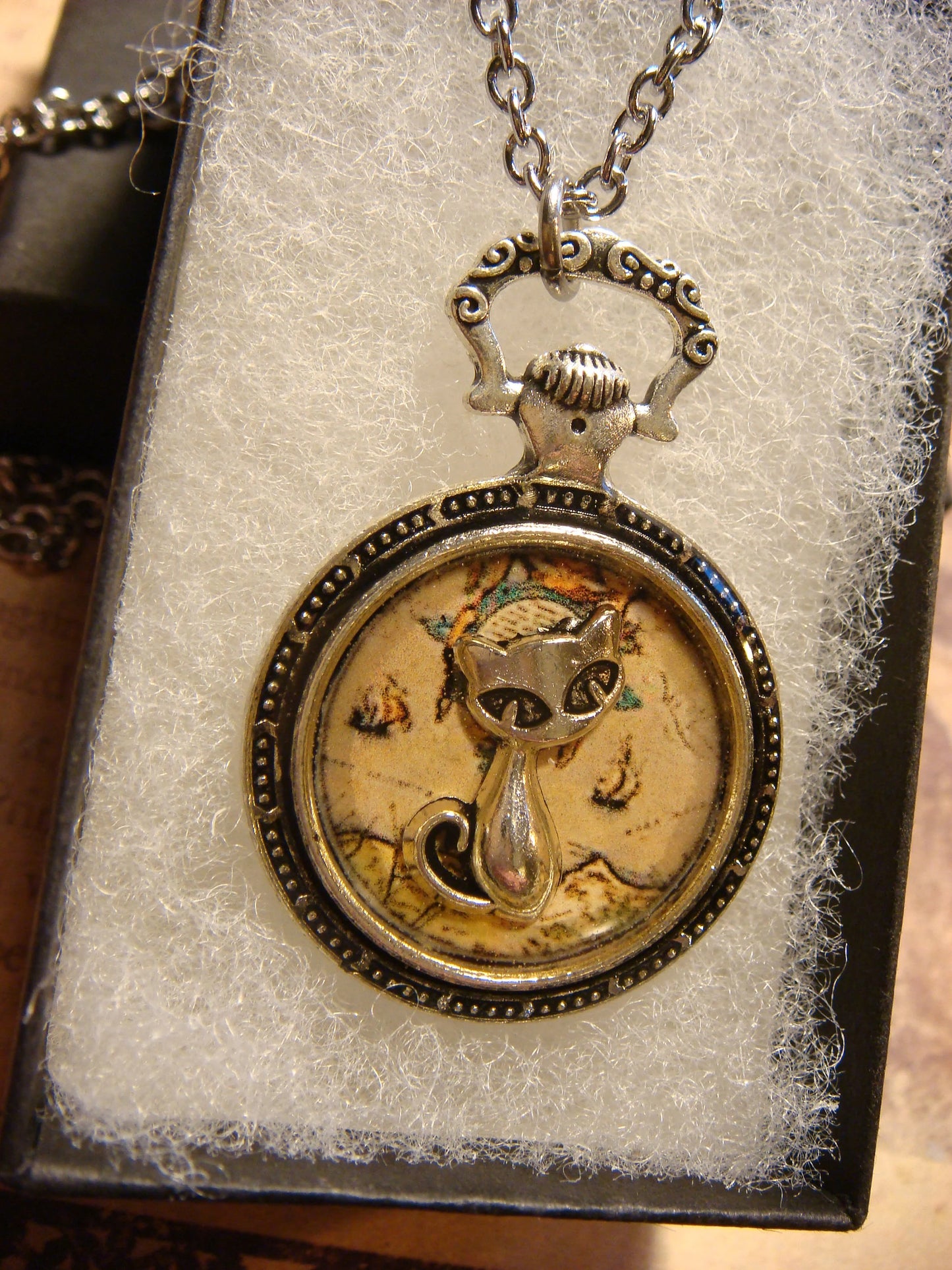 Cat over Map Pocket Watch Pendant Necklace