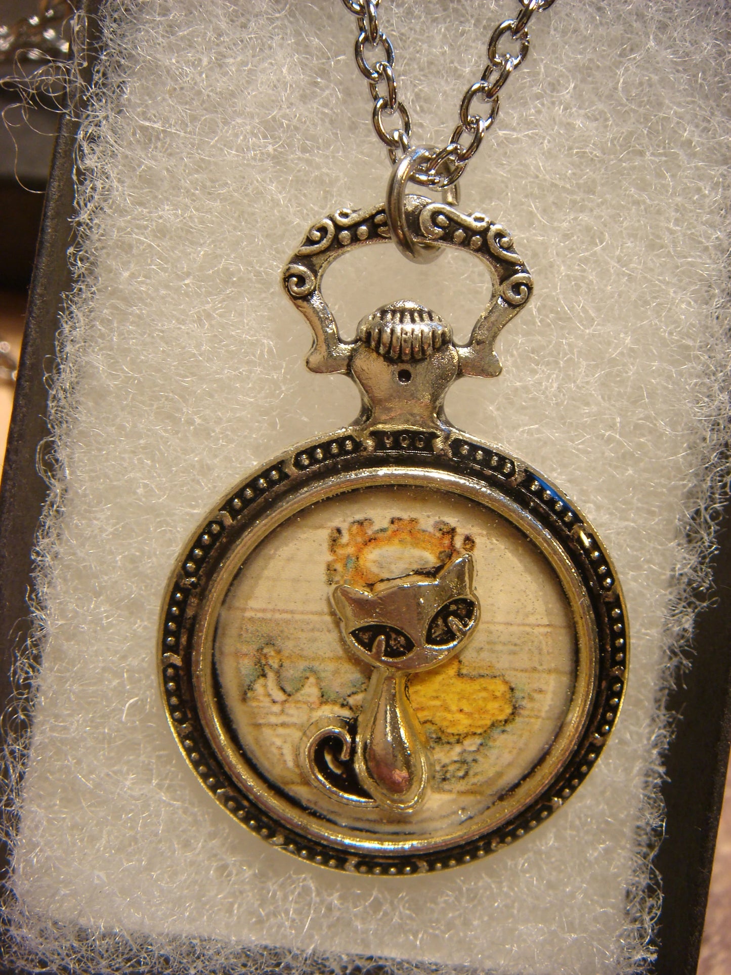 Cat over Map Pocket Watch Pendant Necklace