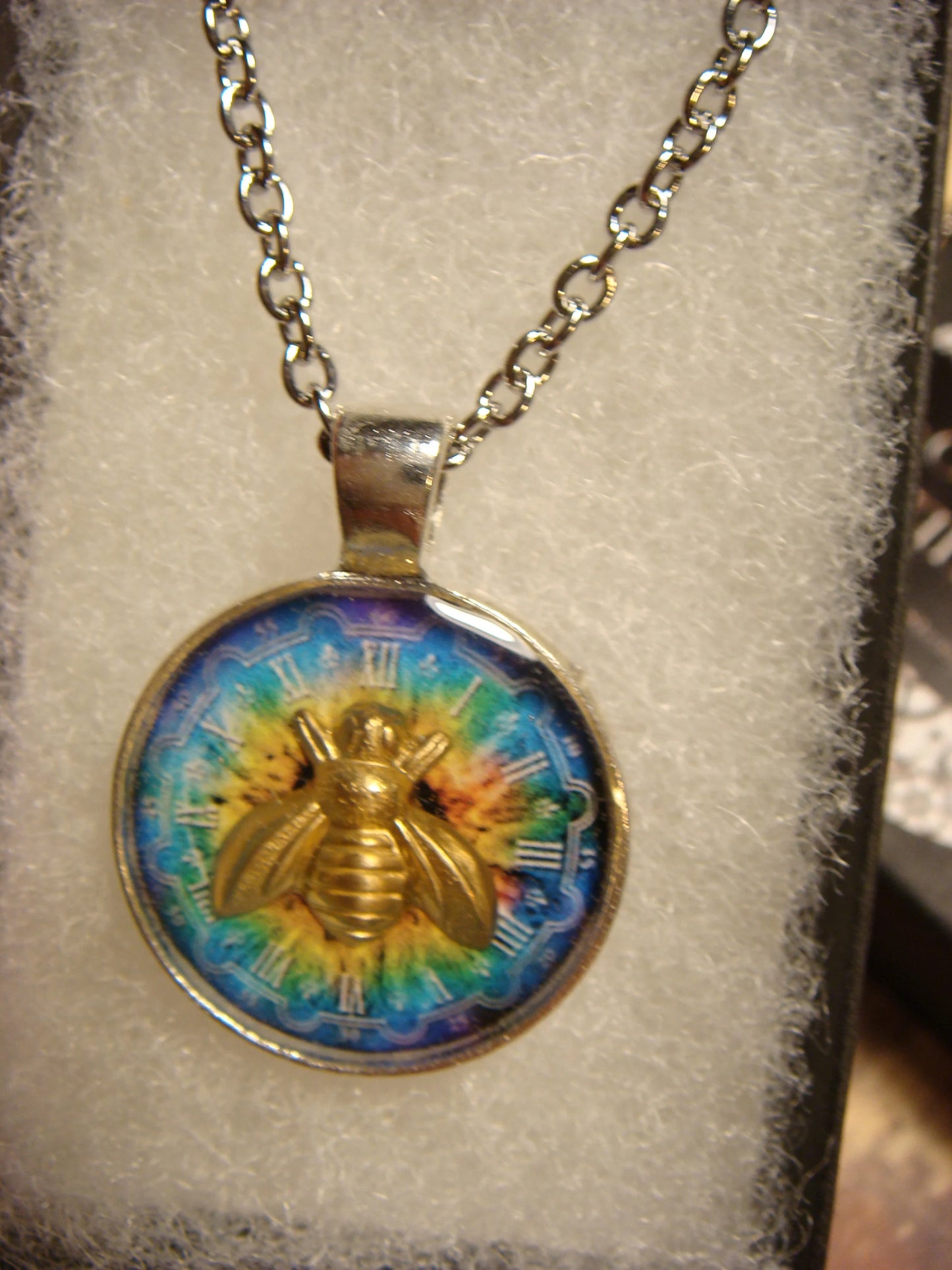 Bee over Colorful Clock Small Pendant Necklace