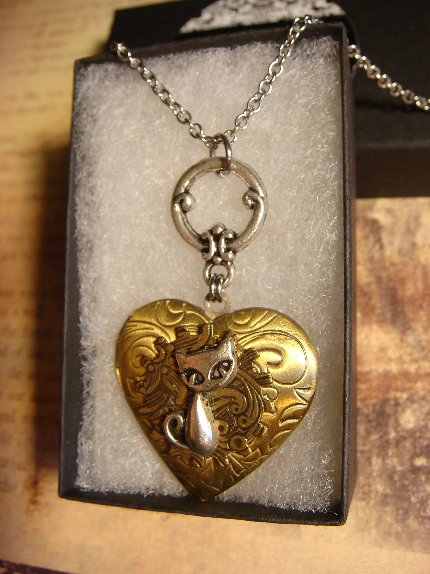 Cat Heart Locket Necklace in Antique Silver and Bronze