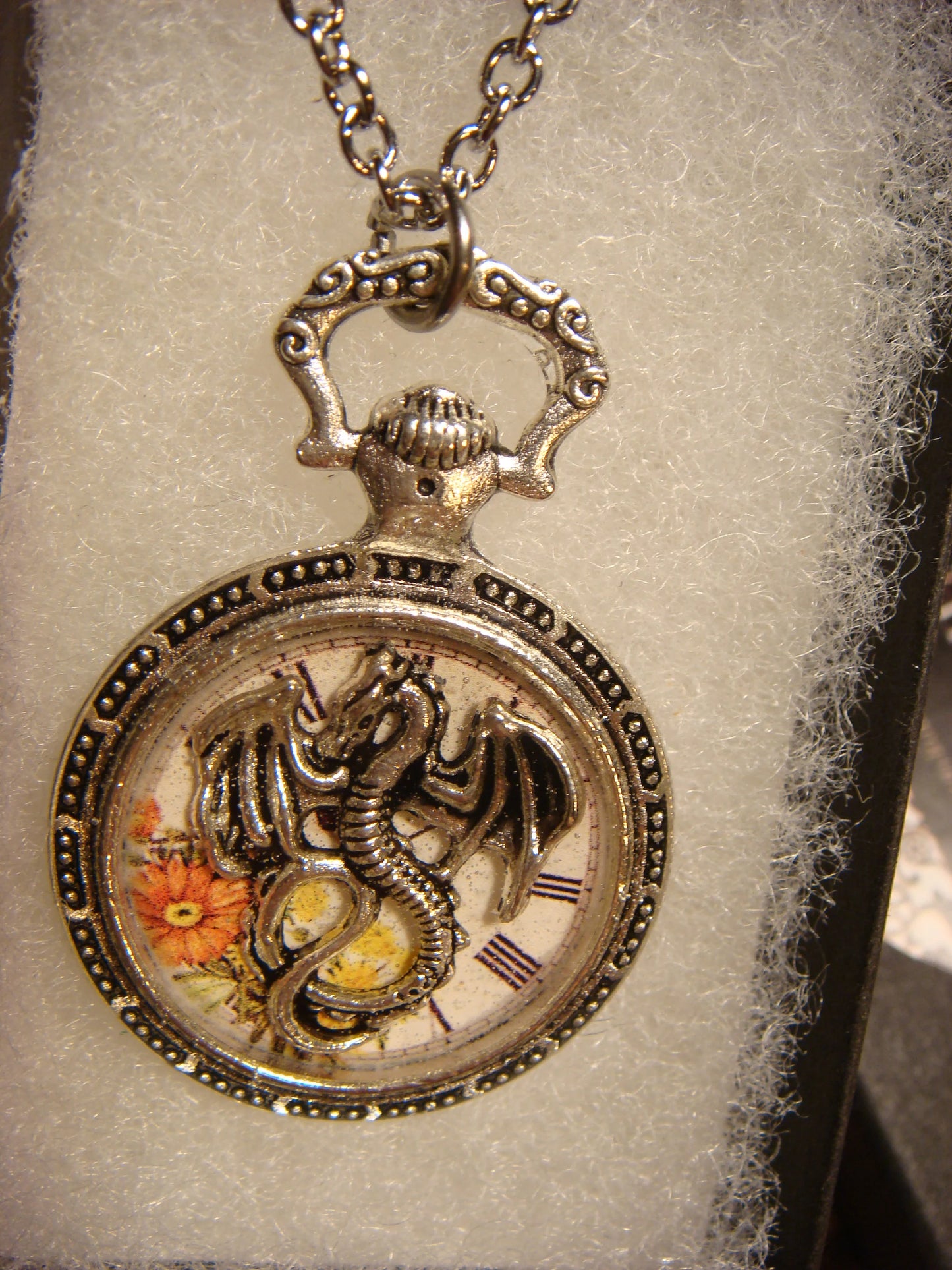 Dragon over Floral Clock Pocket Watch Pendant Necklace