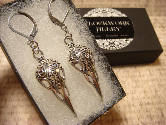 Raven Bird Skull Dangle Earrings in Antique Silver