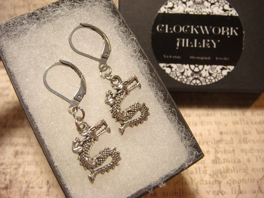 Dragon Dangle Earrings in Antique Silver