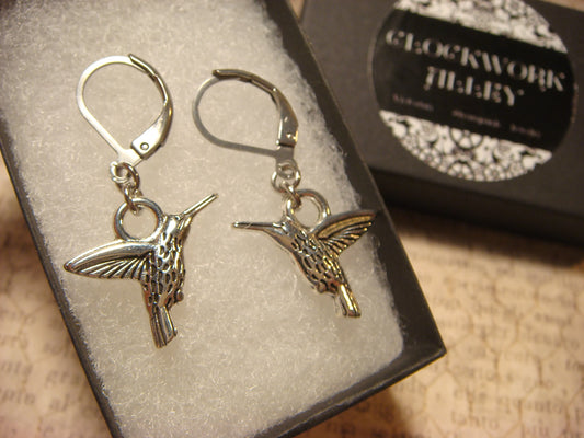 Hummingbird Dangle Earrings in Antique Silver