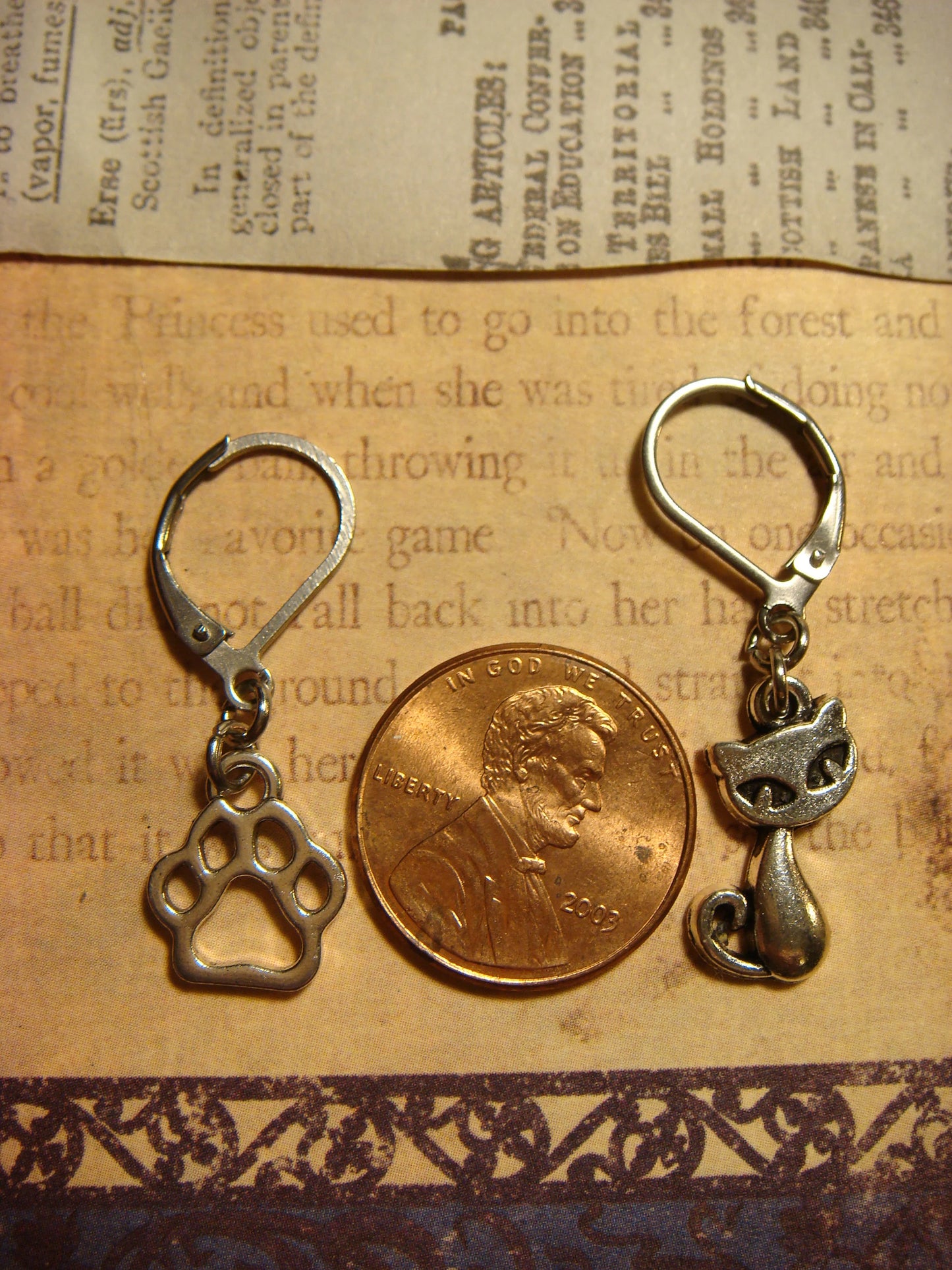 Cat and Paw Dangle Earrings in Antique Silver