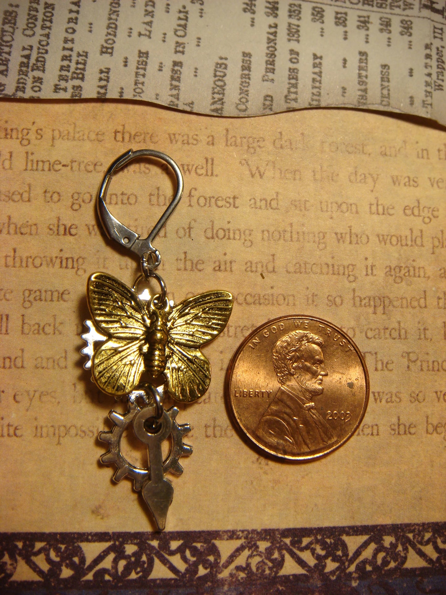 Butterfly and Gears Dangle Earrings in Antique Gold and Silver