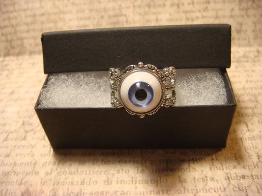 Eyeball Filigree Ring in Antique Silver and Blue - Adjustable