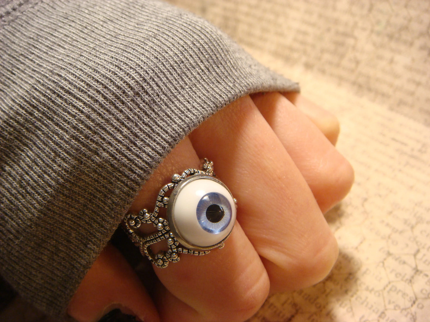 Eyeball Filigree Ring in Antique Silver and Blue - Adjustable