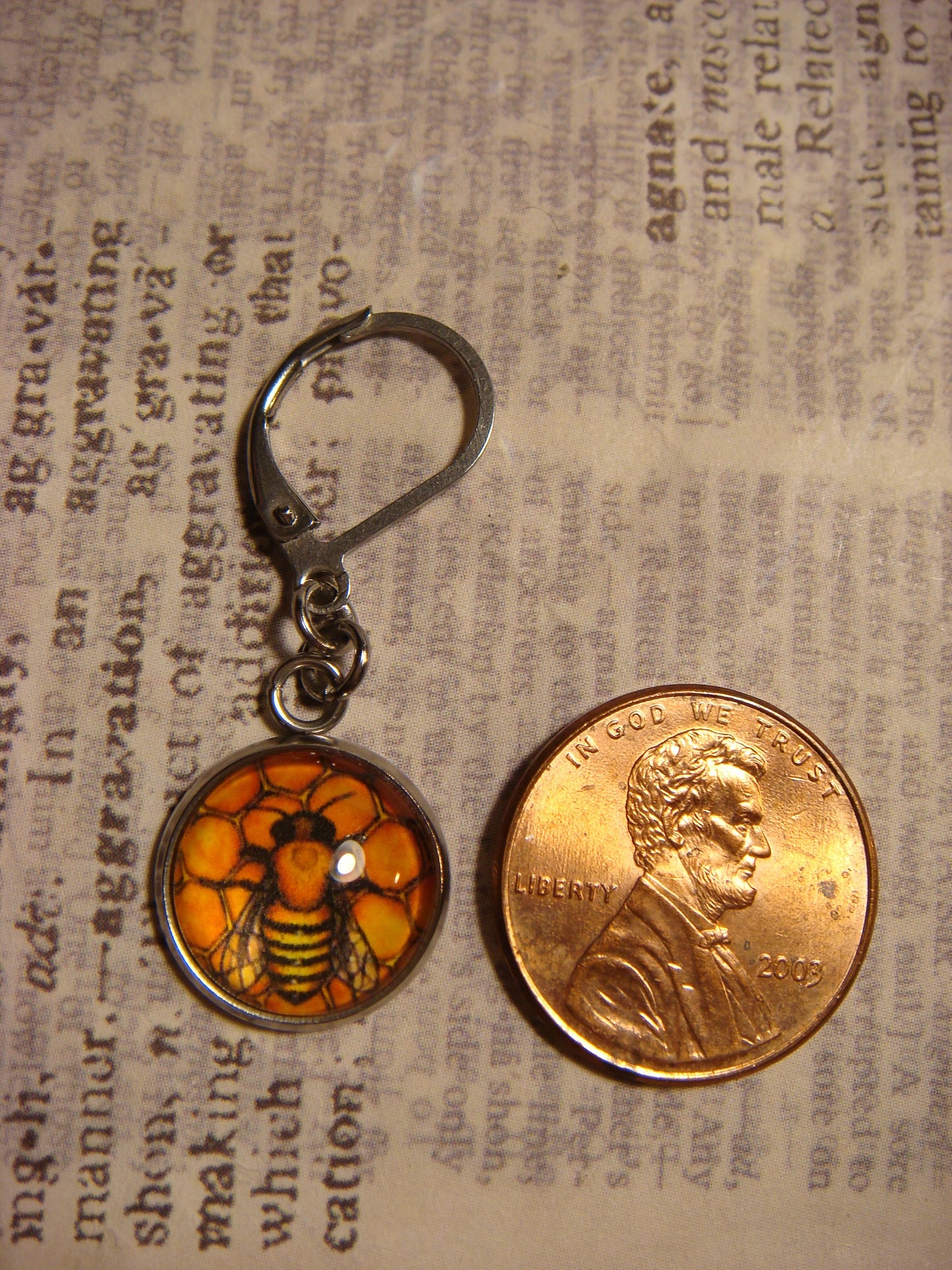 Honeycomb Bee Image Stainless Steel Dangle Earrings