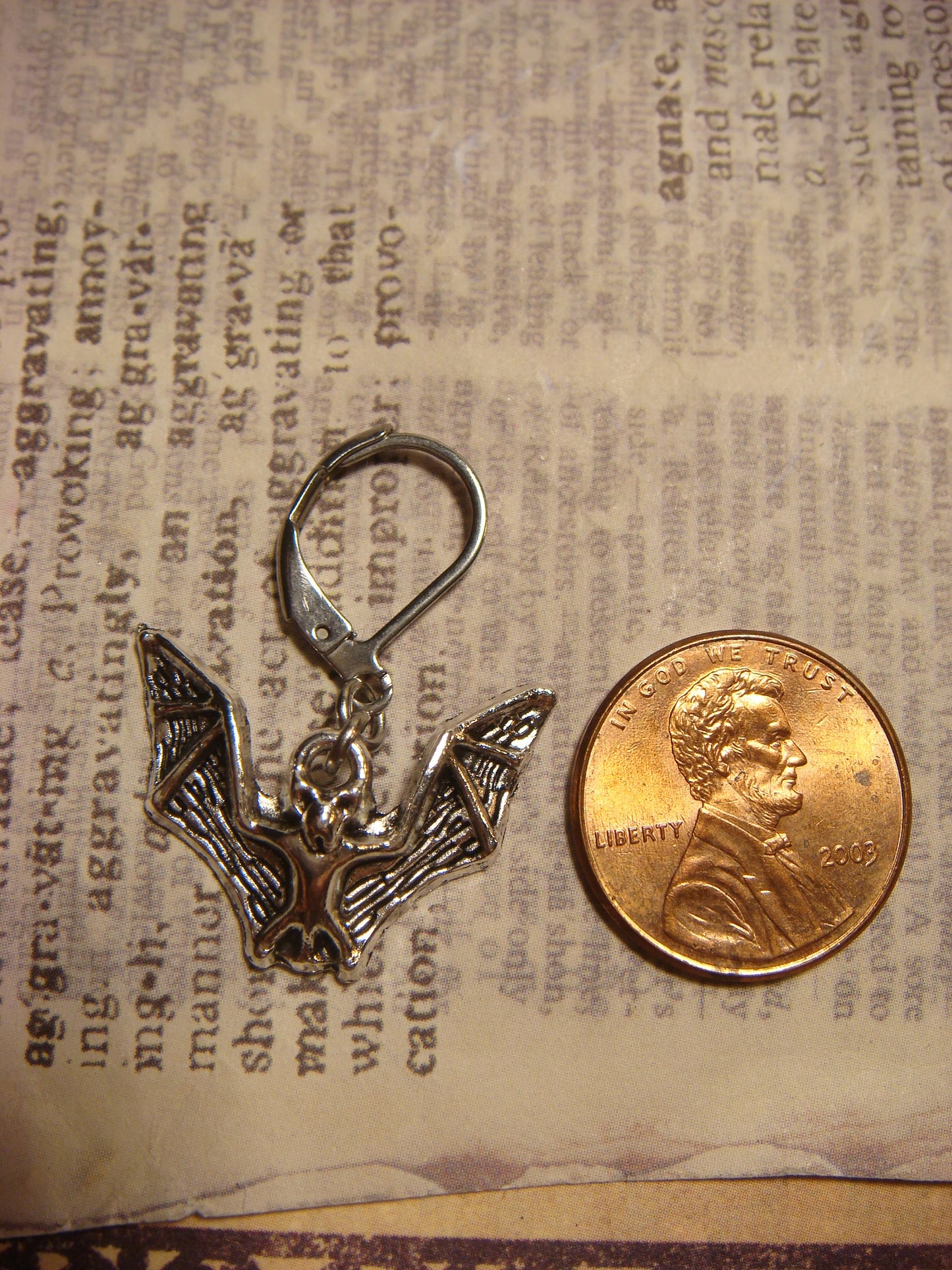 Bat Dangle Earrings in Antique Silver