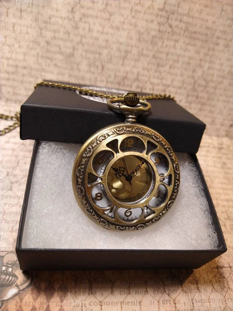 Working Fancy Pocket Watch Necklace in Antique Bronze