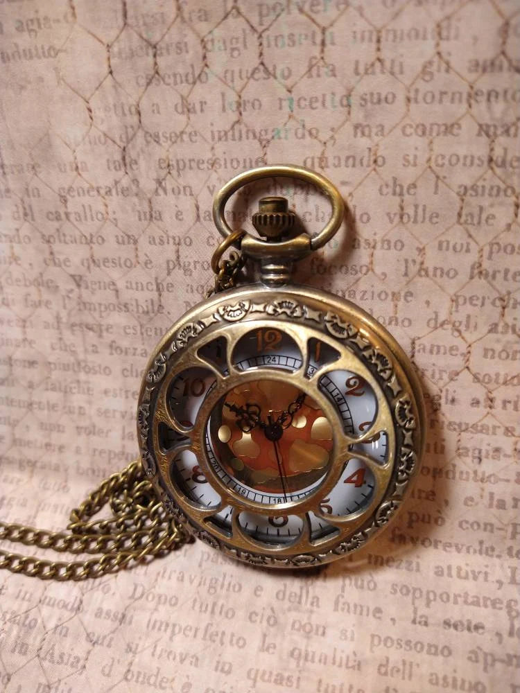 Working Fancy Pocket Watch Necklace in Antique Bronze