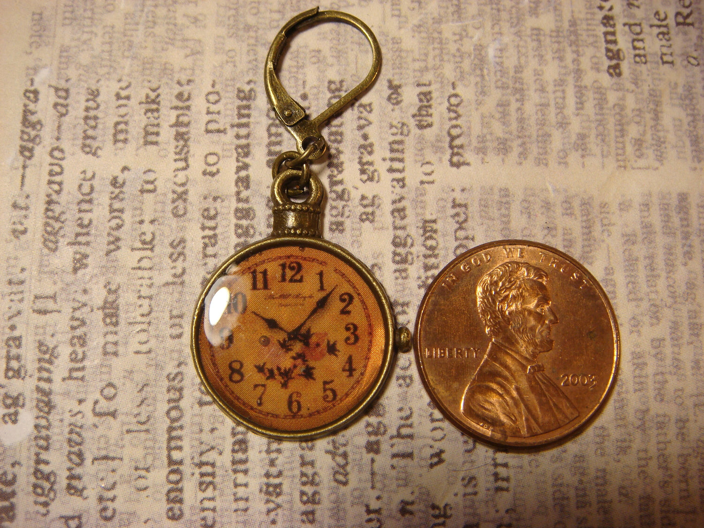 Clock Charm Dangle Earrings in Antique Bronze