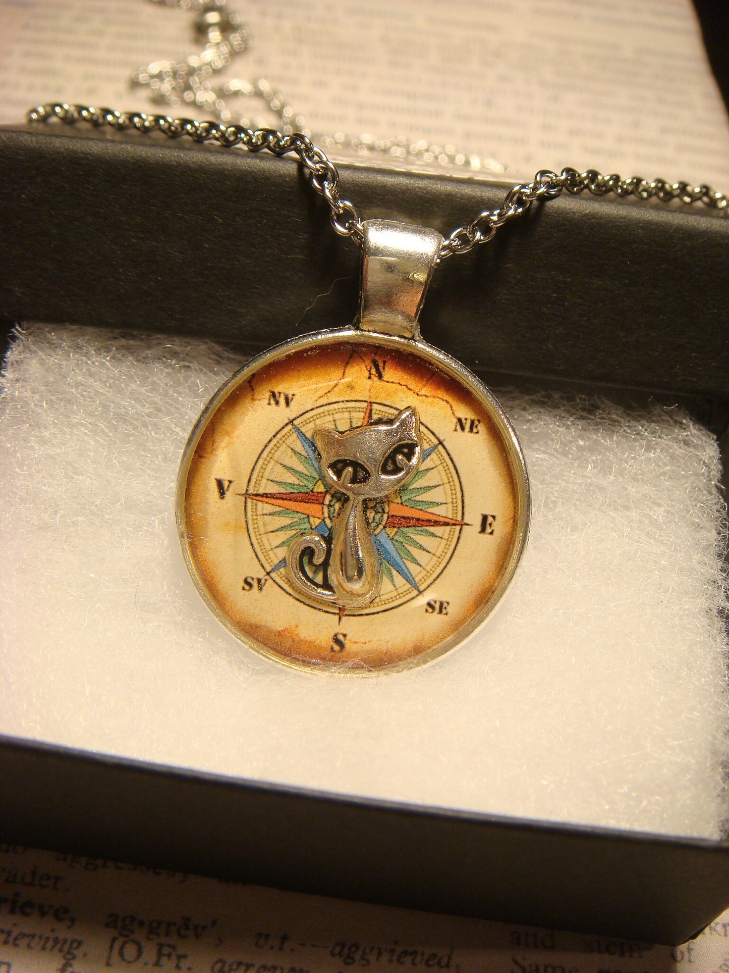 Cat over Compass Rose Pendant Necklace