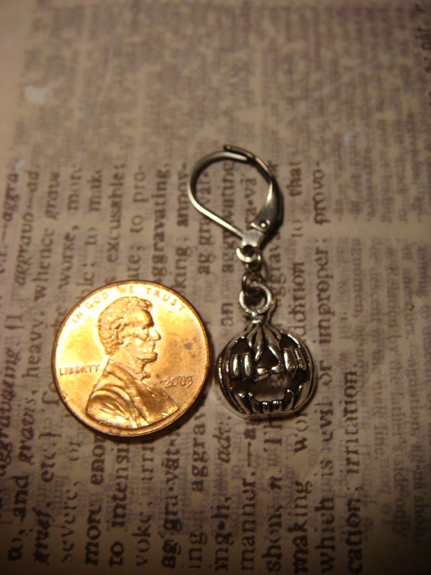 Jack-o-Lantern Pumpkin Dangle Earrings in Antique Silver