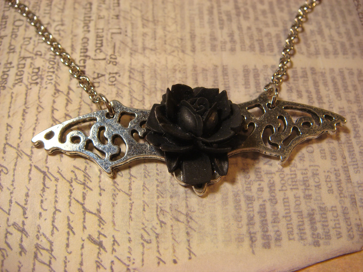 Black Rose on Ornate Wings Necklace