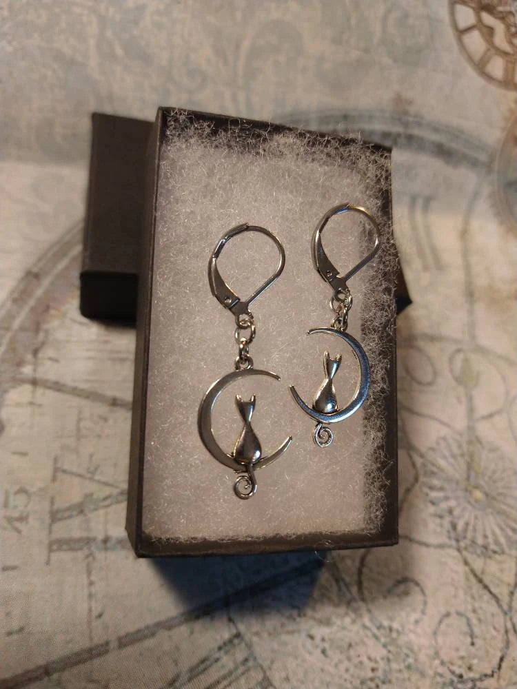 Cat on Moon Dangle Earrings in Antique Silver