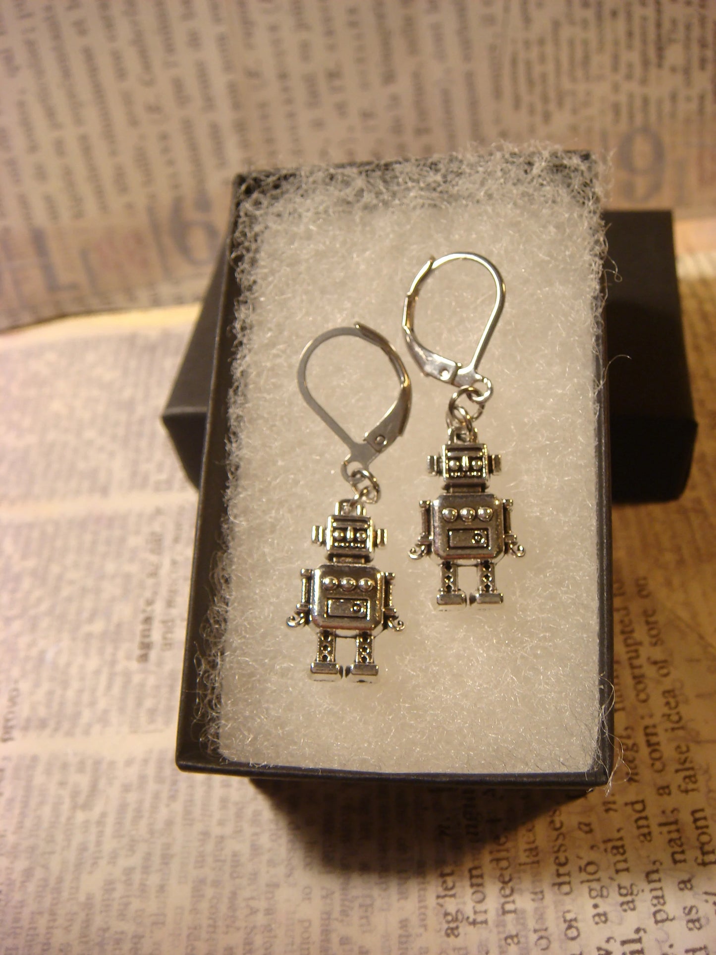 Robot Dangle Earrings in Antique Silver