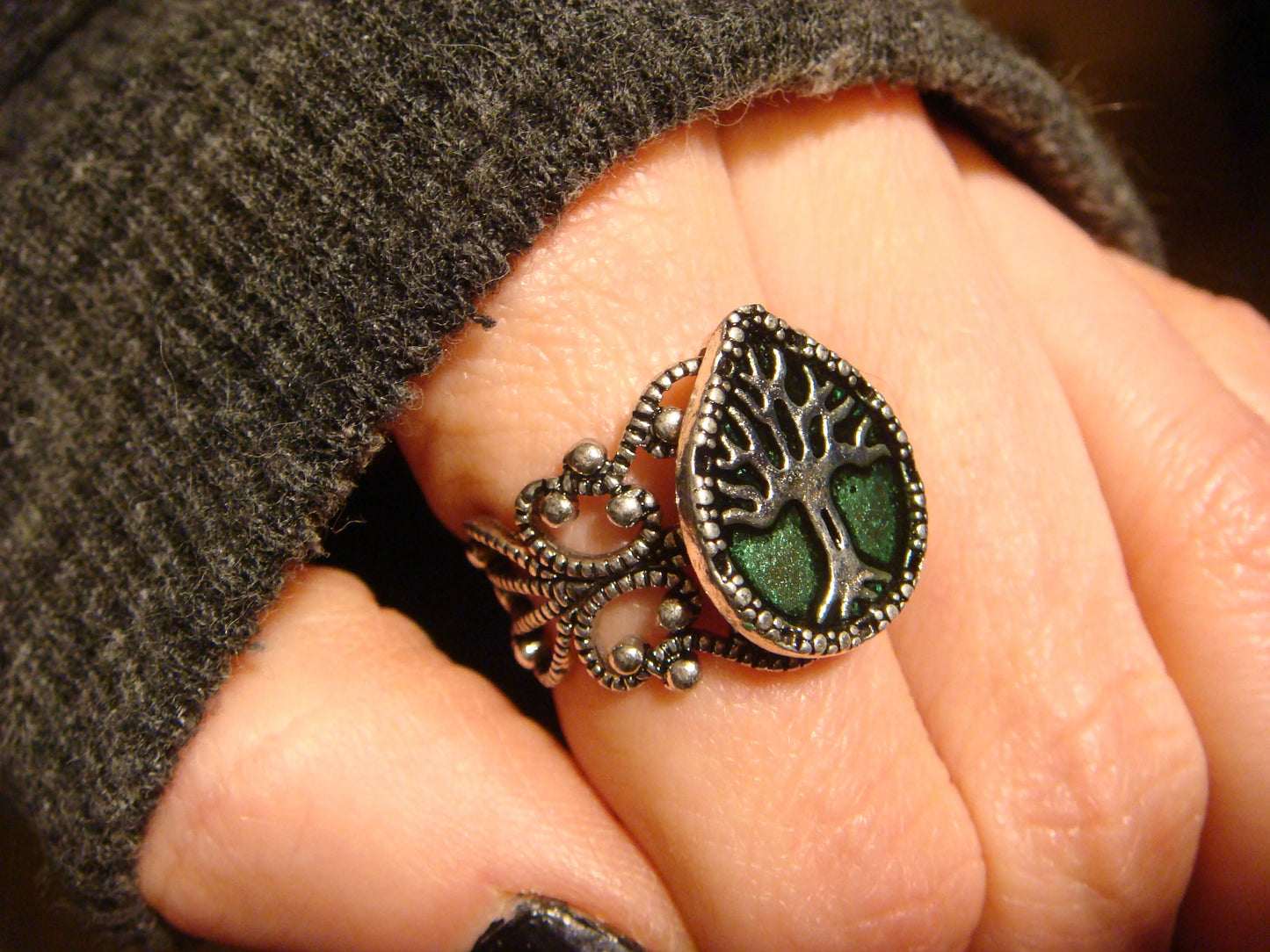 Tree of Life Filigree Ring in Antique Silver and Green - Adjustable