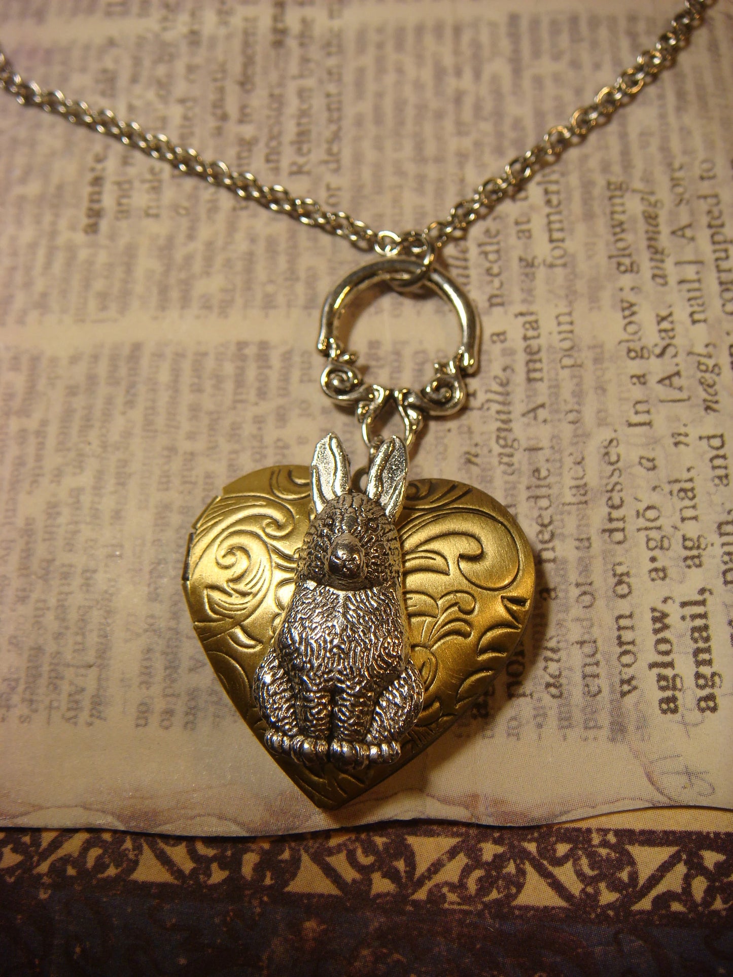 Bunny Rabbit Heart Locket Necklace in Antique Silver and Bronze