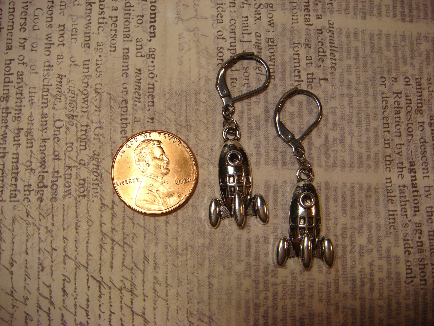 Rocket Ship Dangle Earrings in Antique Silver