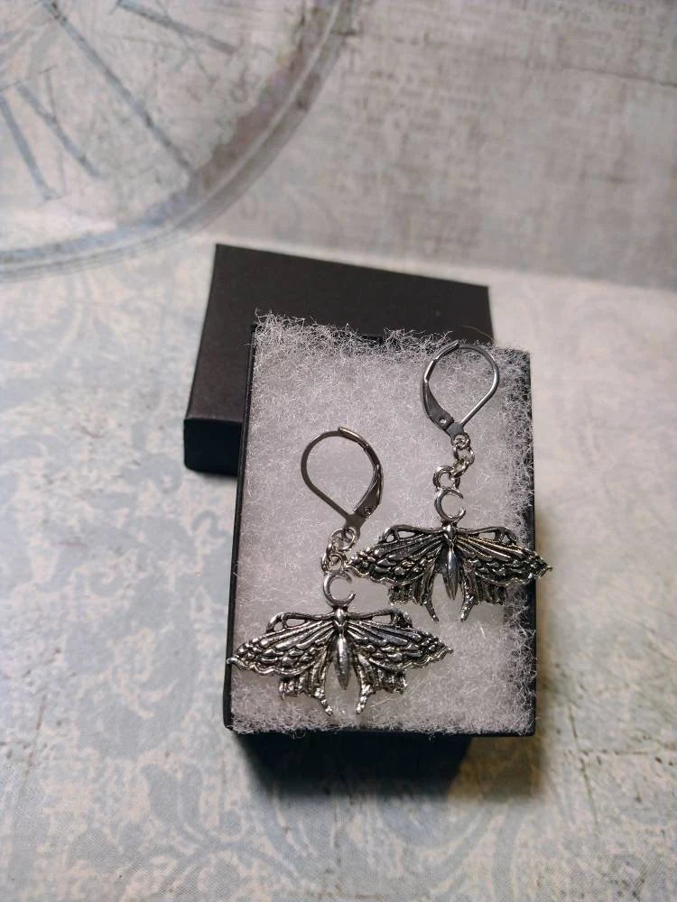 Moth Dangle Earrings in Antique Silver