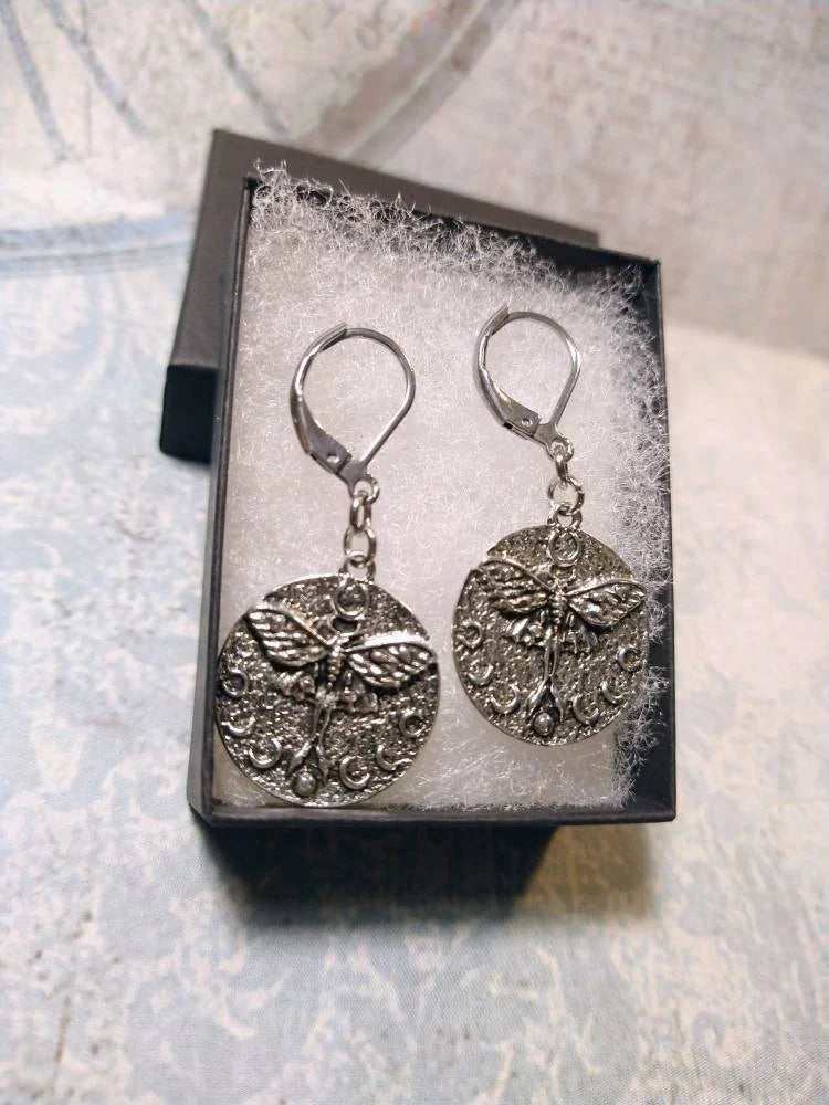 Lunar Moth Moon Circle Dangle Earrings in Antique Silver