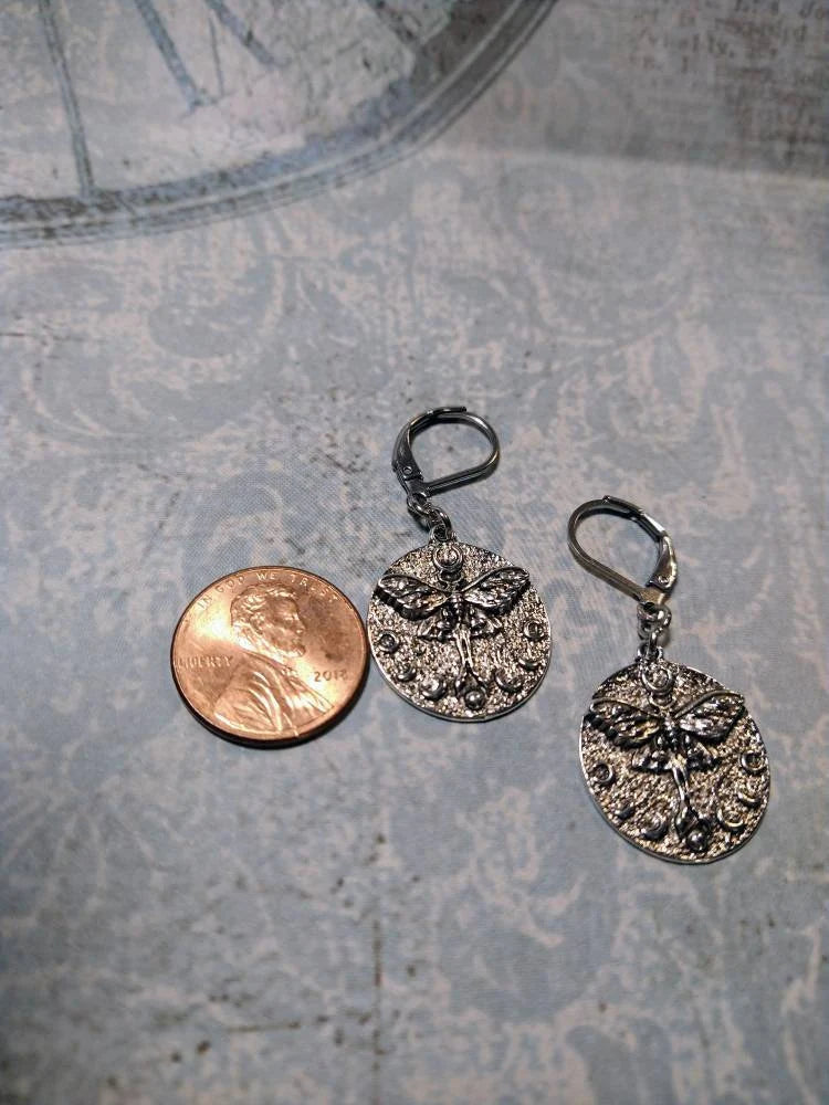 Lunar Moth Moon Circle Dangle Earrings in Antique Silver