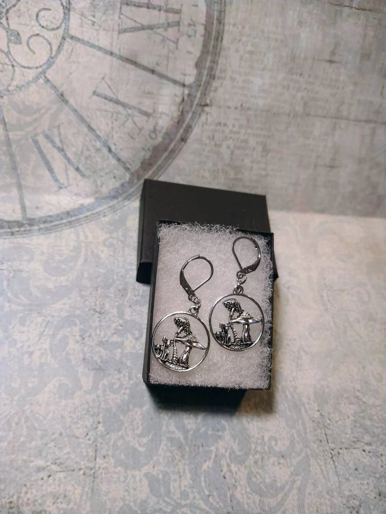 Mushrooms Dangle Earrings in Antique Silver