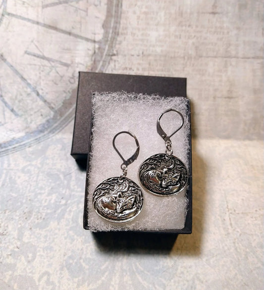 Sleeping Fox Dangle Earrings in Antique Silver