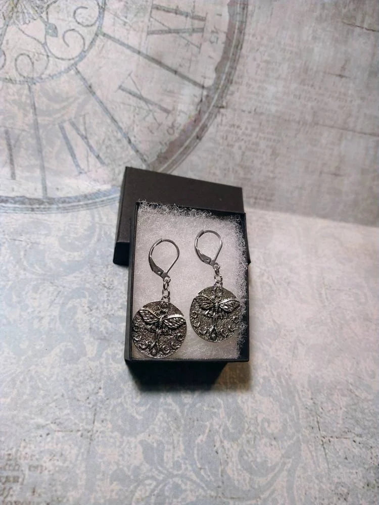 Lunar Moth Moon Circle Dangle Earrings in Antique Silver