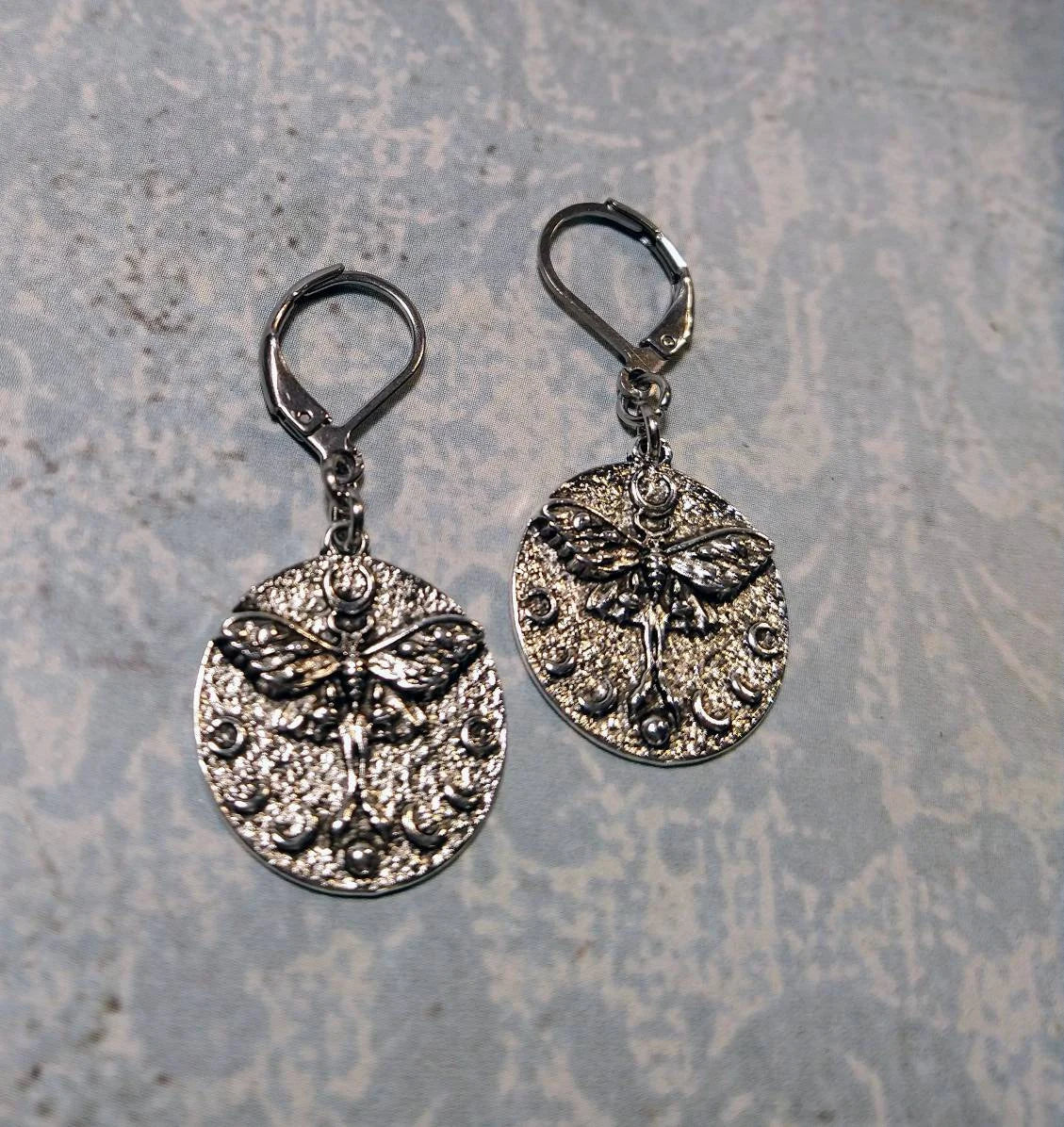 Lunar Moth Moon Circle Dangle Earrings in Antique Silver