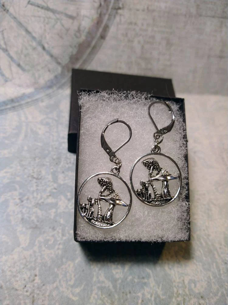 Mushrooms Dangle Earrings in Antique Silver