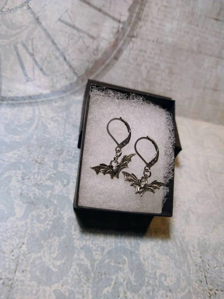 Bat Dangle Earrings in Antique Silver (tiny)