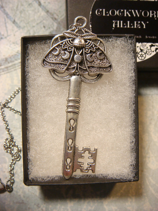 Lunar Moth Skeleton Key Necklace in Antique Silver (larger)