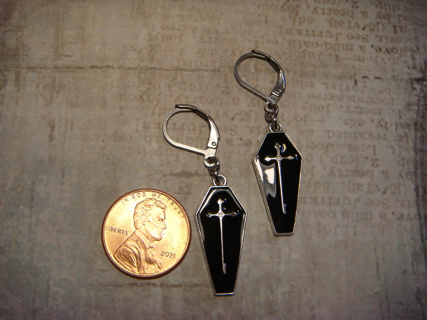 Black Coffin Dangle Earrings in Antique Silver